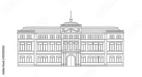 Line art illustration of a classical grand building with spire