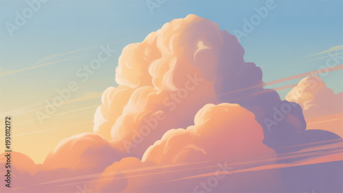 A serene illustration of geometric character faces in a fantastical cloudy landscape viewed from a low angle