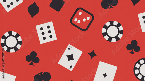 Vibrant casino-themed pattern featuring playing cards, dice, and poker chips on a red background, vector illustration, perfect for gaming and entertainment purposes