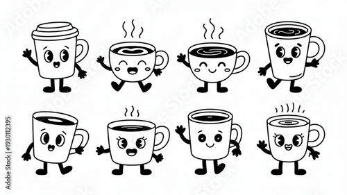 Collection of anthropomorphic coffee cups with various facial expressions and gestures, illustration, vector graphics, set of characters, cartoon style