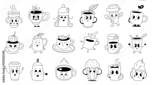 A collection of 16 cute coffee character doodles in various poses and designs, featuring different coffee cups and utensils, vector illustration