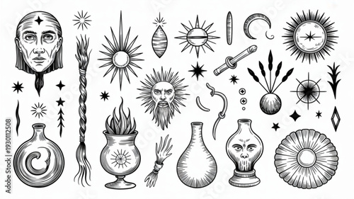 Mystical and occult symbols, celestial elements, and spiritual icons arranged in a illustrative vector graphic design showcasing various magical and astral objects