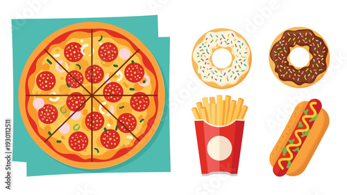 Set of popular fast food items includes a sliced pepperoni pizza chocolate and vanilla donuts french fries and hot dog.