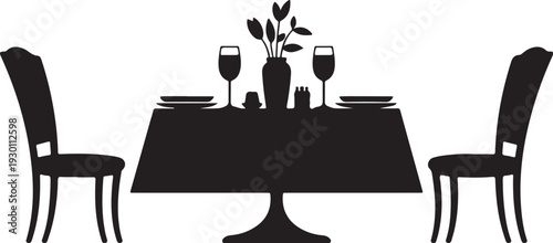 Black silhouette of dinner table with two chairs wine glasses