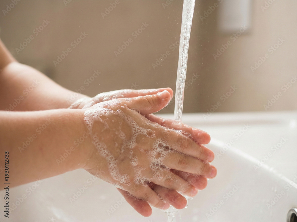 Fototapeta premium child washing hands with soap at home bathroom representing parenting education hygiene habits and healthy lifestyle awareness campaign concept