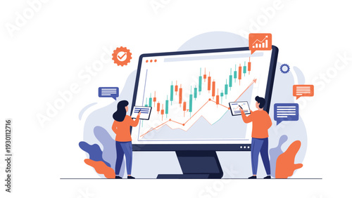 Financial analysts monitor and discuss stock market trends using a large computer monitor displaying complex candlestick charts.