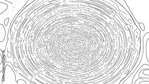 Intriguing black and white line art creates an abstract pattern of concentric irregular circles with organic and fluid shapes.