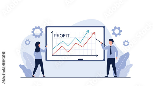 Two business professionals use a whiteboard to present a profit graph showing positive financial growth and success trends.