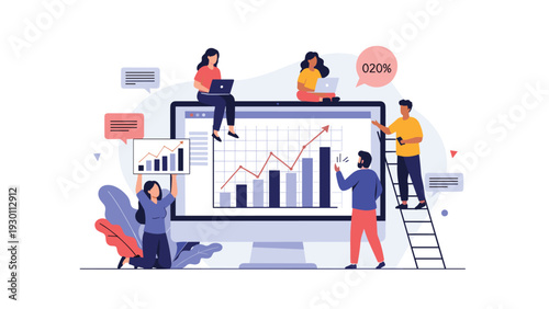 Team of data analysts examining performance metrics and statistical charts on a large computer screen for business growth.
