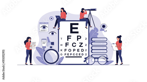 Ophthalmology clinic concept featuring medical professionals conducting eye exams and vision tests with specialized equipment.