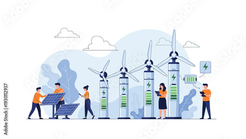 Diverse professional team managing sustainable energy resources through wind turbines and solar panels for clean power generation.