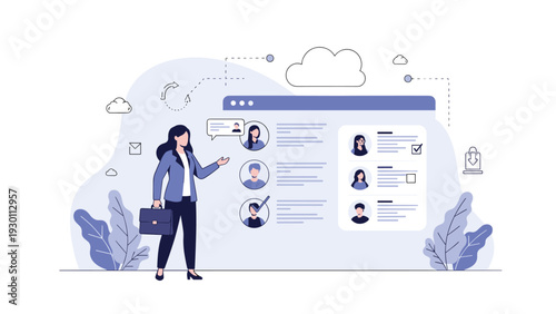 Female executive organizing employee data and job applications within a modern digital human resources management system.