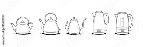 Electric Kettle Icon Set Line Art Vector, Water Boiler Outline Collection