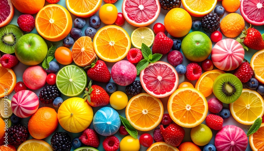 Fototapeta premium Vibrant assortment of fresh, colorful fruit creates an attractive and nutritious backdrop