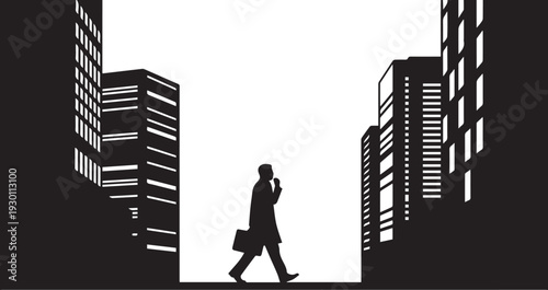 Businessman walking in city among tall buildings vector silhouette illustration line art