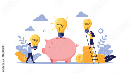 Creative professionals contributing innovative ideas as financial assets into a giant piggy bank for business investment.