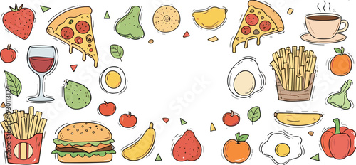 Cute Hand Drawn Fast Food and Fresh Fruits Vector Set with Burger, Pizza, Fries, Coffee and Healthy Ingredients