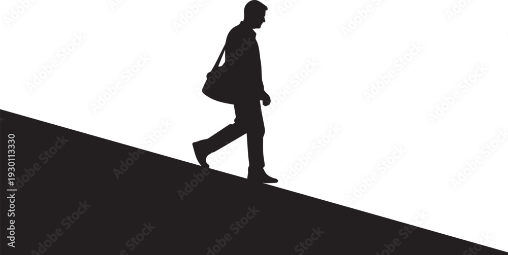 Fototapeta premium Silhouette illustration of businessman walking down slope carry shoulder bag vector style