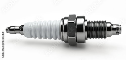 Car engine spark plug detail. Automotive component for ignition and combustion. Metallic part for vehicle maintenance and tuning. Precision engineering and auto repair.