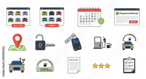 Car Rental and Vehicle Service Icon Set Illustration