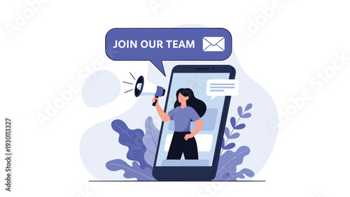 Mobile recruitment advertisement featuring a female recruiter inviting new talent to join a professional corporate team.