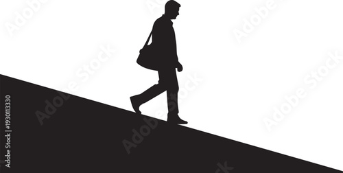 Silhouette illustration of businessman walking down slope carry shoulder bag vector style