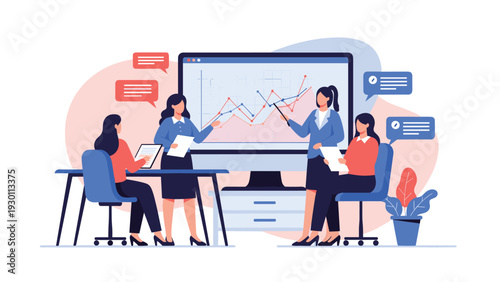 Professional business team conducting data analysis and reviewing market trends on a large monitor in a modern office.