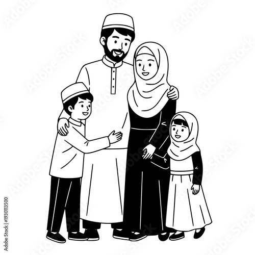 Muslim Family Hugging Together Line Art Illustration