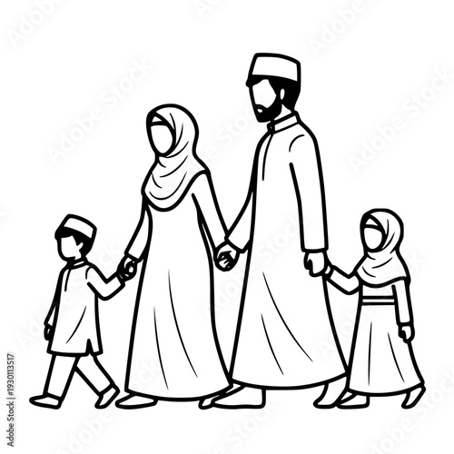 Muslim Family Walking Together Illustration