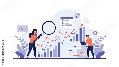 Professional data analysis team examining statistical trends and market performance through research and digital tools.