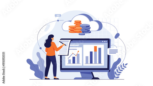 Financial analyst reviewing investment data and savings growth displayed on a digital monitor and cloud storage.