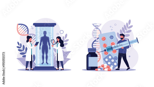 Medical research team conducting genetic studies on human biology and developing new pharmaceutical treatments and vaccines.