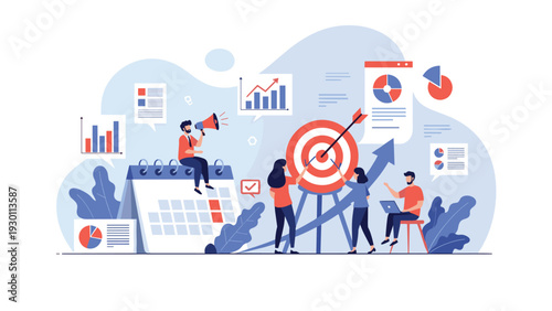 Marketing team planning a corporate campaign using statistical data and goal setting to reach success targets.