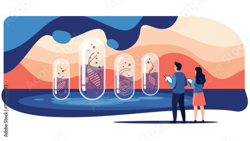 Biotechnology researchers examining genetic material in specialized containers to advance medical science and human health.