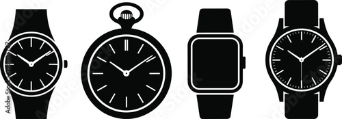 Vector, Illustration, Set, of, Watch, Silhouettes, for, Timepiece, Identity, Branding, Luxury, Fashion, Technology, and, Professional, Graphic, Design, s