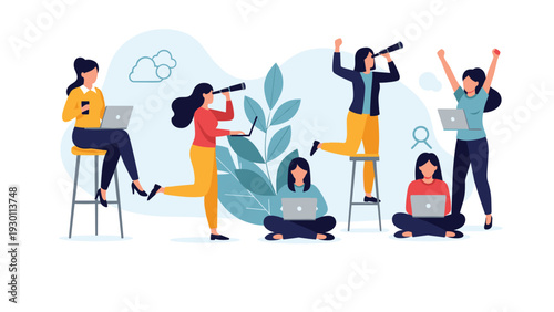 Group of professional women actively working on laptops and using telescopes to search for new business opportunities and visions.