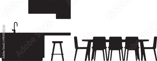 Black silhouette of kitchen island with sink and dining table with chairs