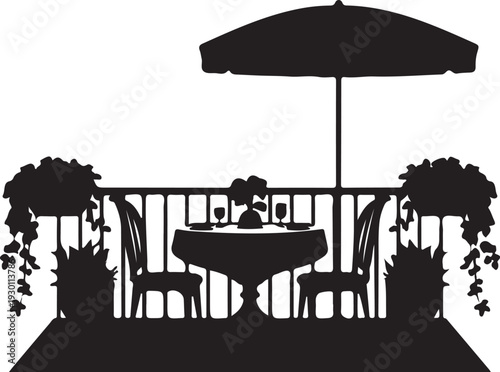 Black silhouette of outdoor dining area with table chairs umbrella and plants