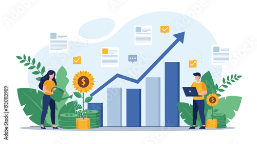 Man and woman nurturing a sunflower that grows from stacks of coins to represent long term financial investment and growth.