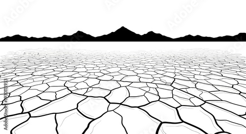 Vast arid landscape with severe ground cracks extending to distant mountain silhouettes under an