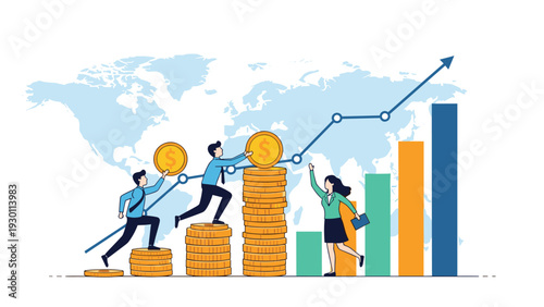 Ambitious professionals climbing stacks of gold coins alongside a rising arrow chart to symbolize global financial success.