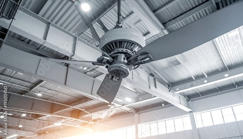 A large ceiling fan installed in an industrial building