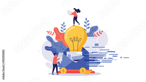 Professionals working together to send out creative ideas represented by a giant light bulb emerging from a blue envelope.