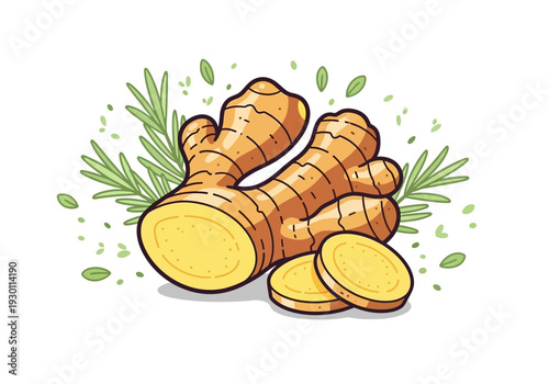 Ginger Roots with Slices and Leaves.