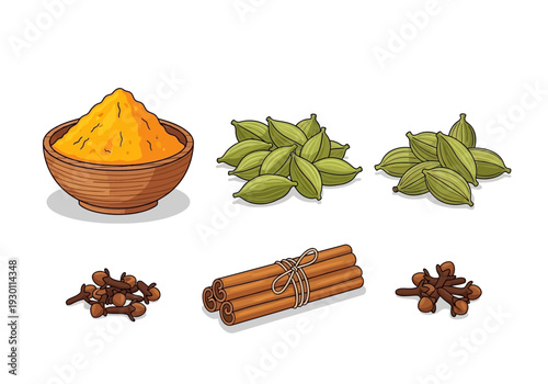 Turmeric Powder and Various Spices Arranged.