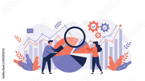 Two analysts using a large magnifying glass to examine segments of a pie chart and evaluate business performance data.