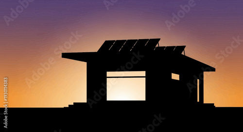 Modern dwelling with solar power silhouette at sunset showcasing sustainable architectural design