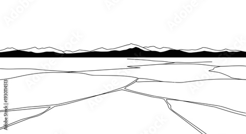 A minimalist black and white landscape featuring a cracked frozen surface and distant mountain