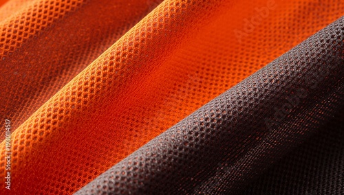 Dynamic Orange and Dark Grey Mesh Fabric with Perforated Texture and Diagonal Folds.