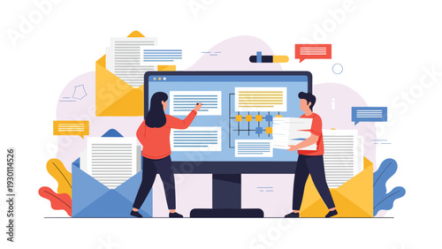 Team of workers organizing and processing electronic mail within large envelopes on a massive digital monitor.